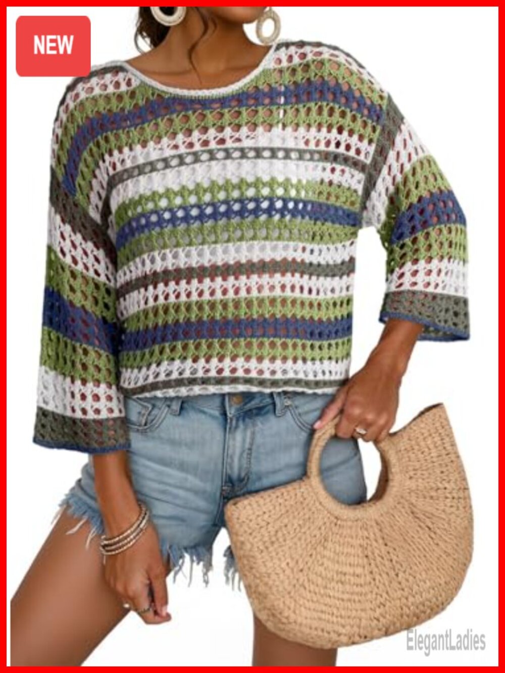 Women's Crochet Sweater 3/4 Sleeve Oversized Pullover Beach Cover Up